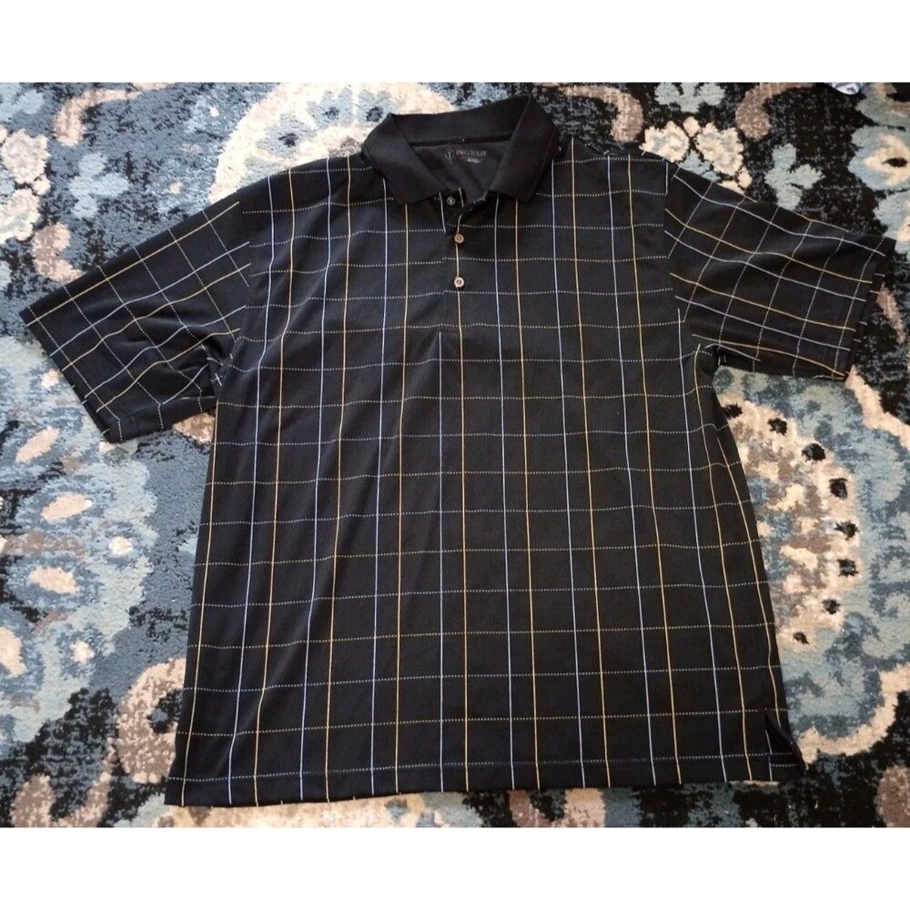 Pro Tour Black Plaid Polo Shirt Men's Sz L Golf Sports Preppy Outdoors
